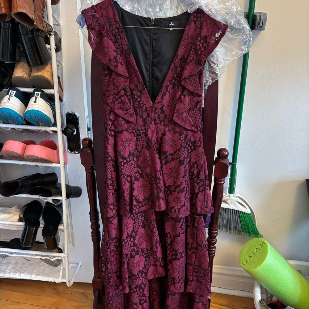 Lulu's Wine Floral Lace High Low Dress